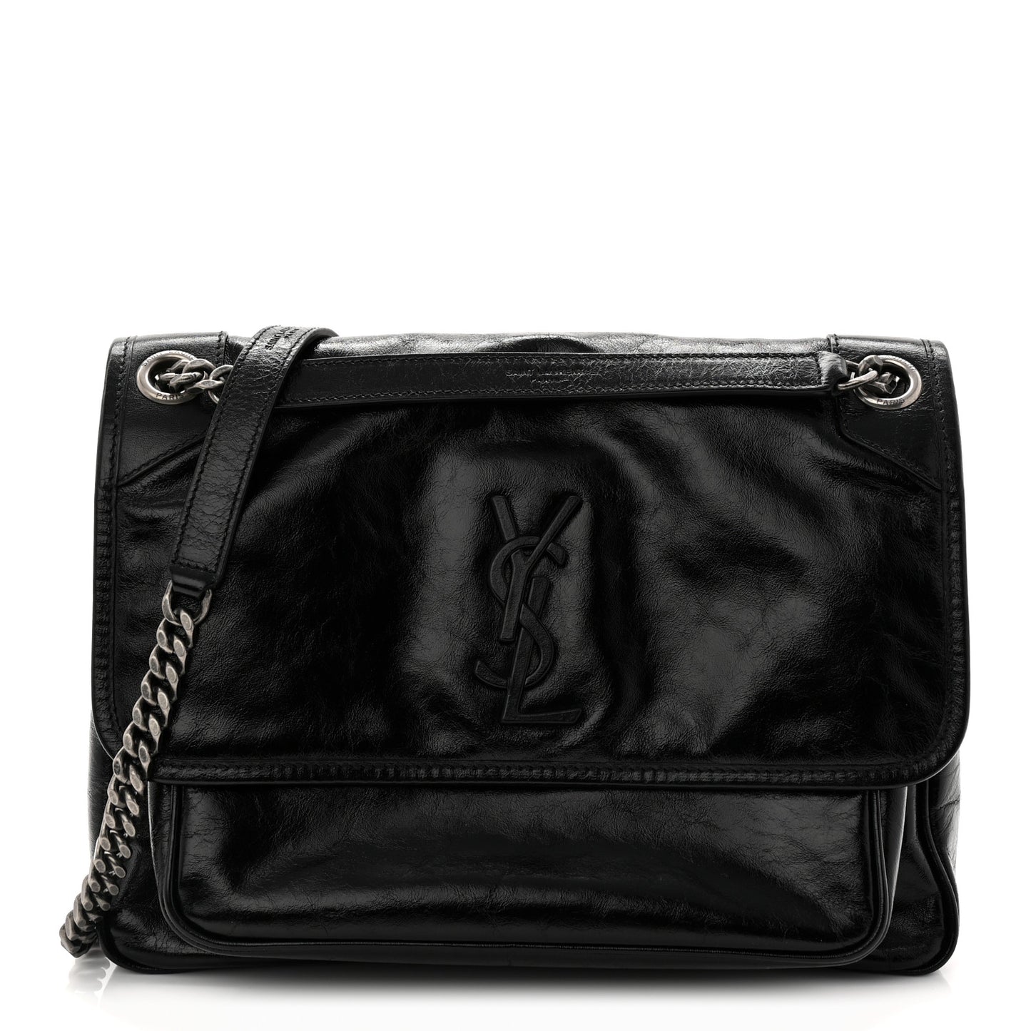 Crinkled Calfskin Monogram Medium Niki Chain Satchel Black
