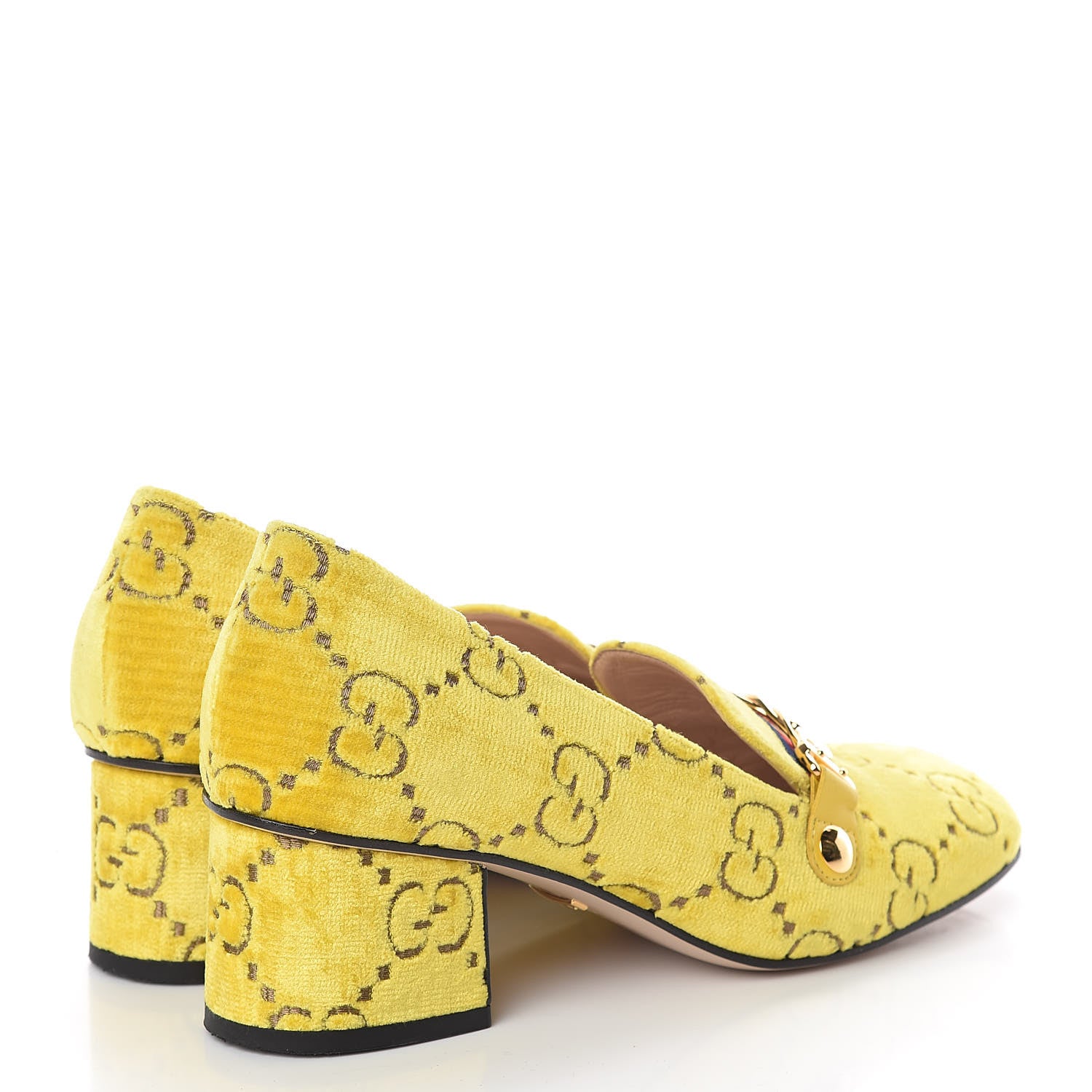 Gucci Velvet GG Monogram Sylvie Web Chain Mid Heel Loafers 37.5 Sunny Beige 4 of 11