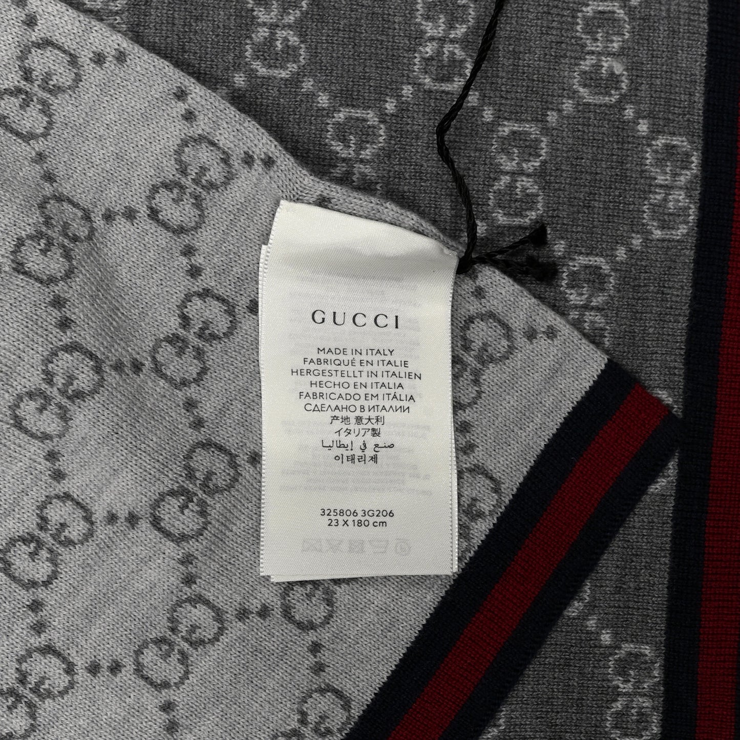 Wool Tricot GG Monogram Web Solange Scarf Graphite Light Grey