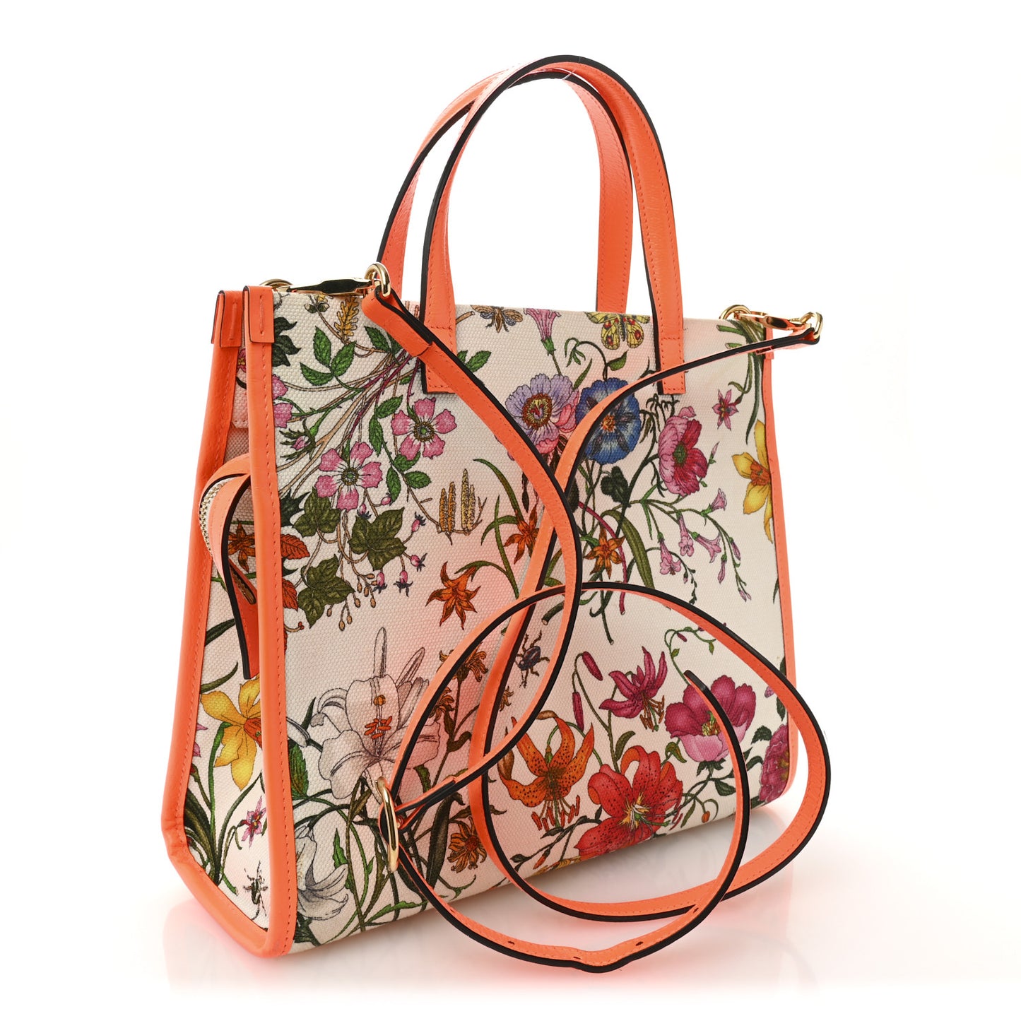 Canvas Medium Flora Tote White Multicolor Orange Fluo