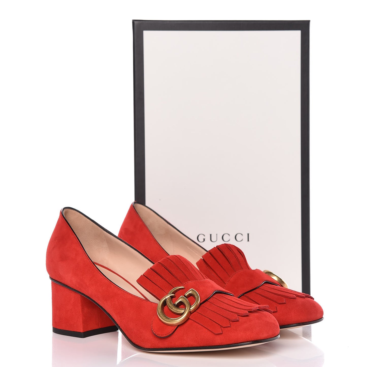 Kid Scamosciato GG Marmont Fringe 50mm Loafer Pumps 39 Vulcanic Red