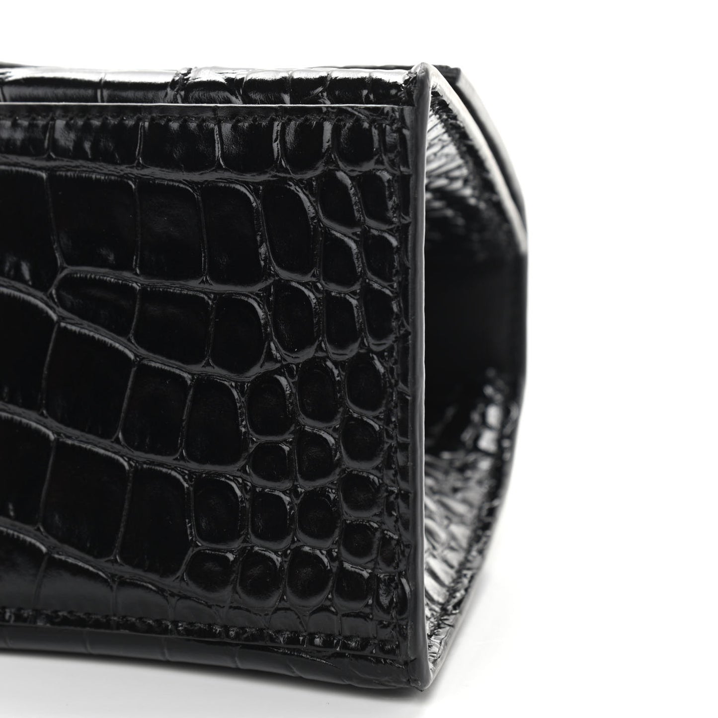 Shiny Calfskin Crocodile Embossed Small Hourglass Top Handle Bag Black