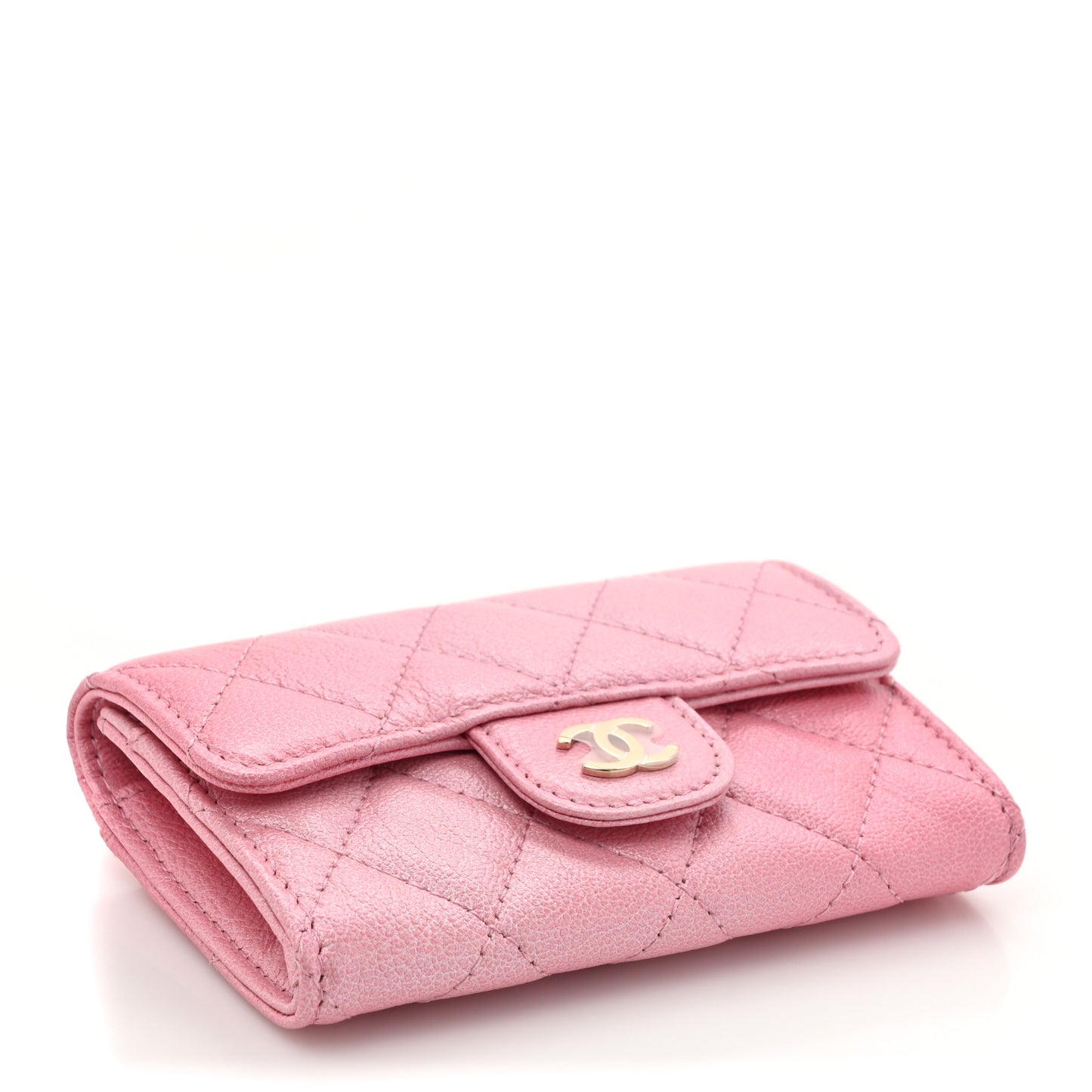 Cloudy Pearly Goatskin Quilted Flap Card Holder Wallet Pink