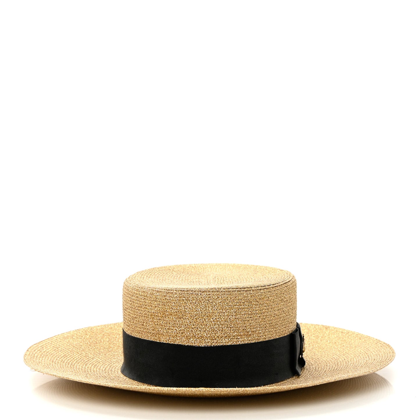 Glittered Straw Grosgrain Wide Brim Hat L Gold Black