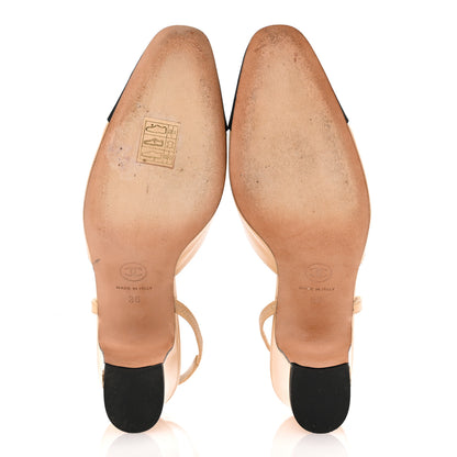Chanel Goatskin Grosgrain Cap Toe CC Slingback Pumps 36 Beige Black 6 of 13