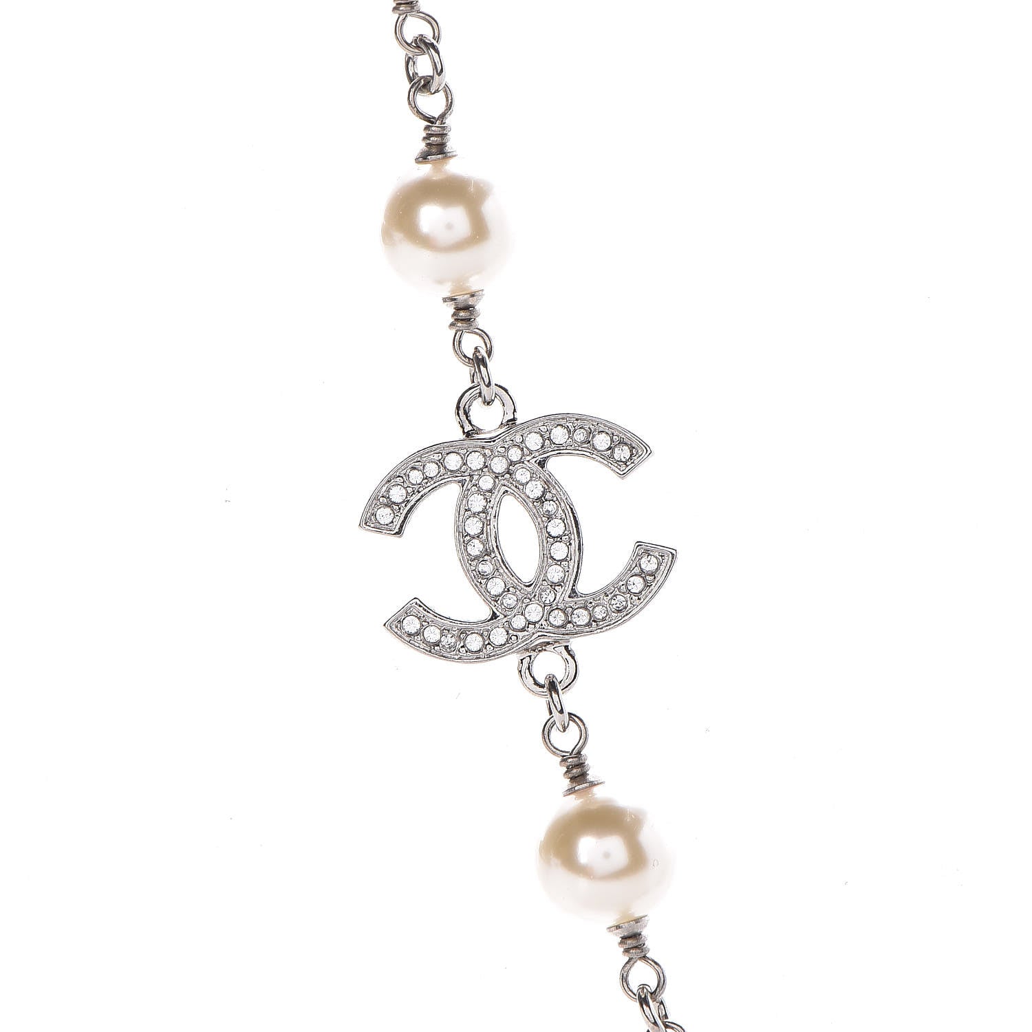 Chanel Crystal Pearl CC Long Necklace Silver 5 of 6