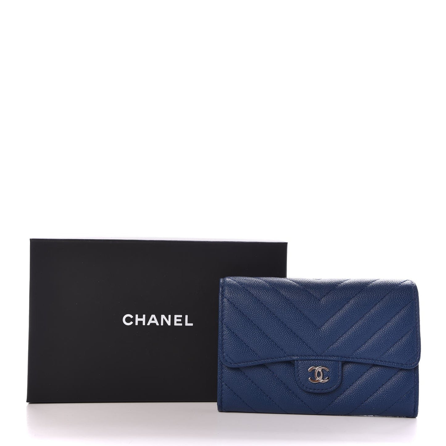 Caviar Chevron Quilted Medium Flap Wallet Blue
