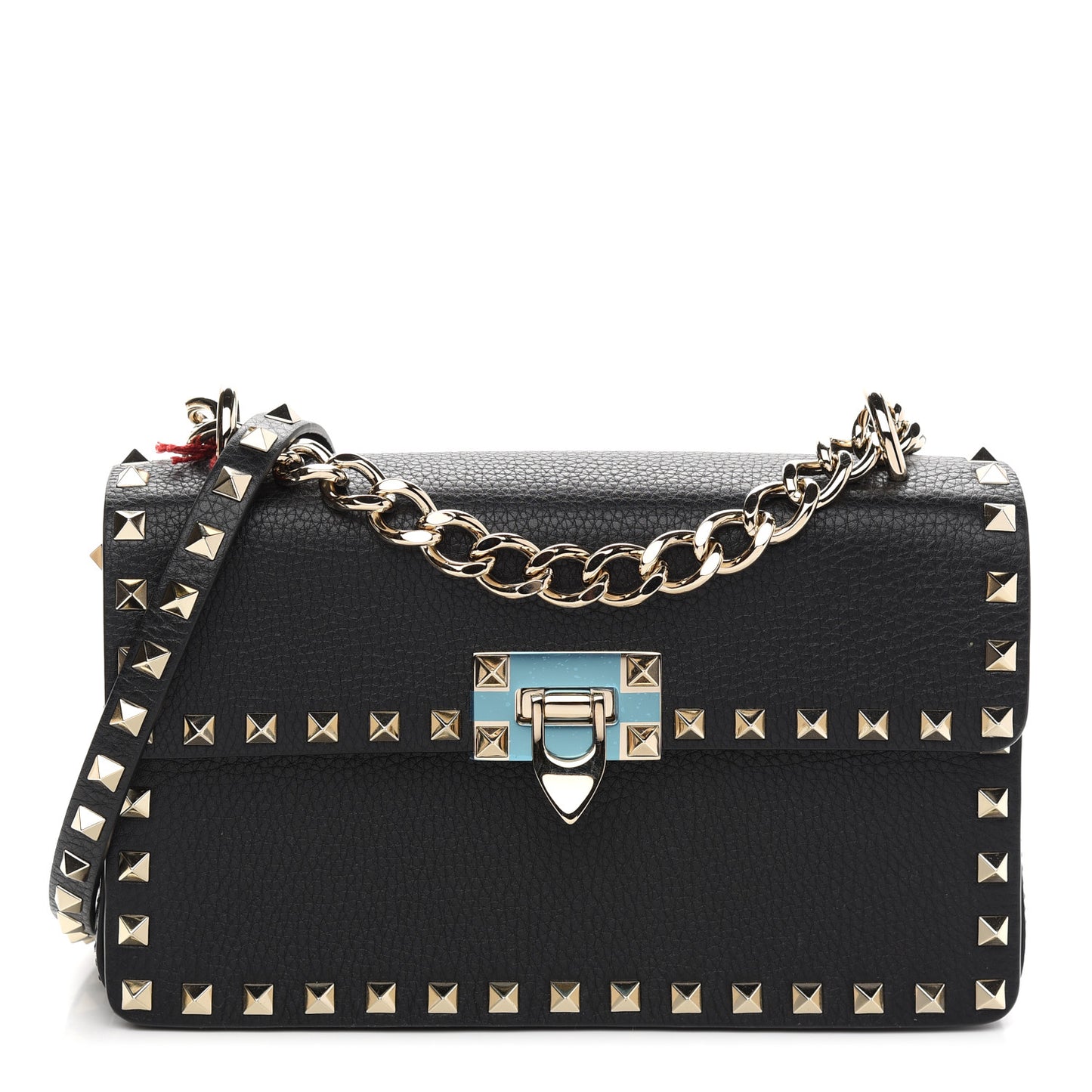 Grained Calfskin Medium Rockstud Chain Bag Black