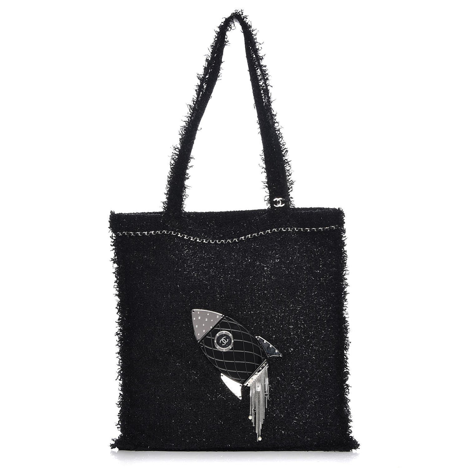 Chanel Tweed Resin Strass Shopping In Fabrics Tote Black 1 of 8