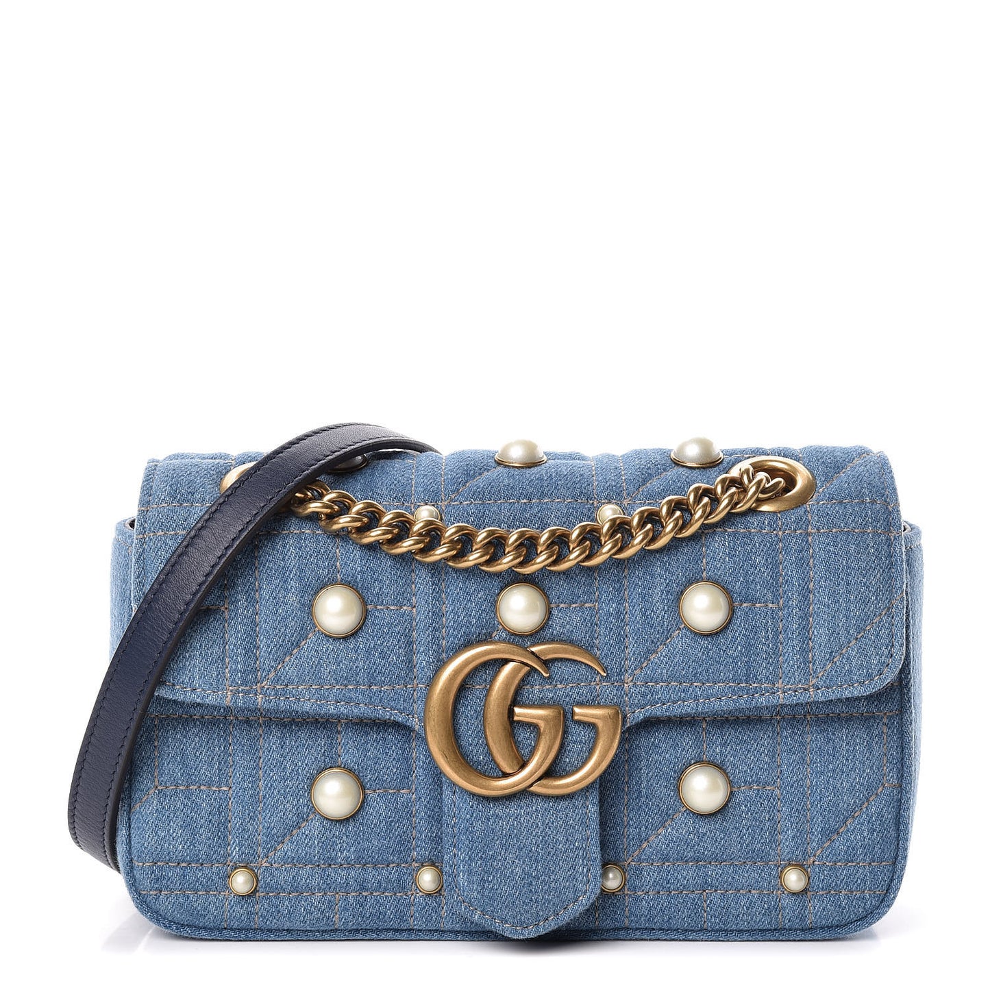 Denim Matelasse Pearl Studded Mini GG Marmont Shoulder Bag Blue