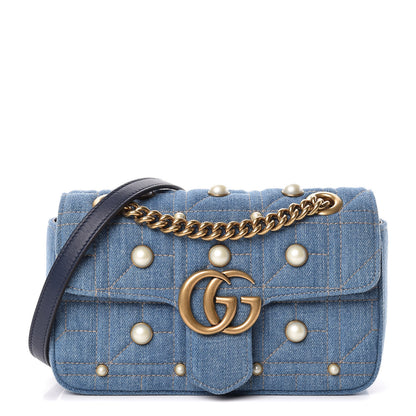 Gucci Denim Matelasse Pearl Studded Mini GG Marmont Shoulder Bag Blue 1 of 10