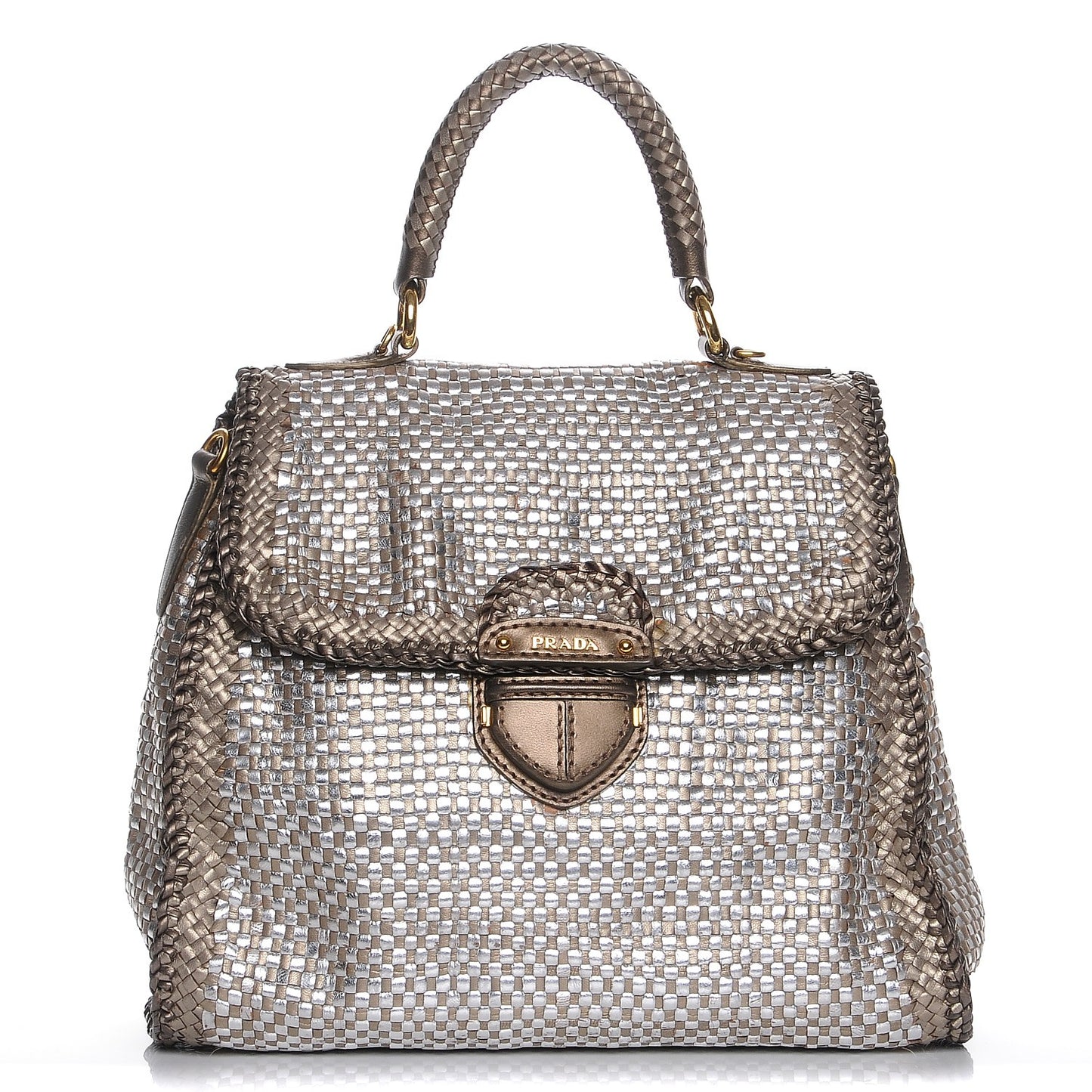Metallic Goatskin Woven Top Handle Satchel Silver Gold