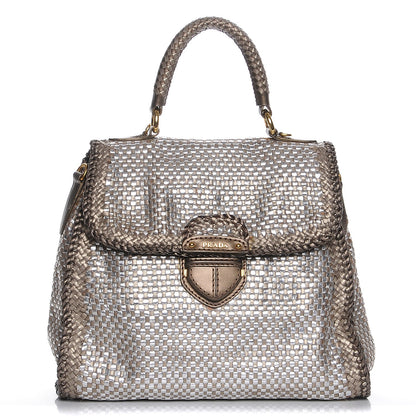 Prada Metallic Goatskin Woven Top Handle Satchel Silver Gold 1 of 9