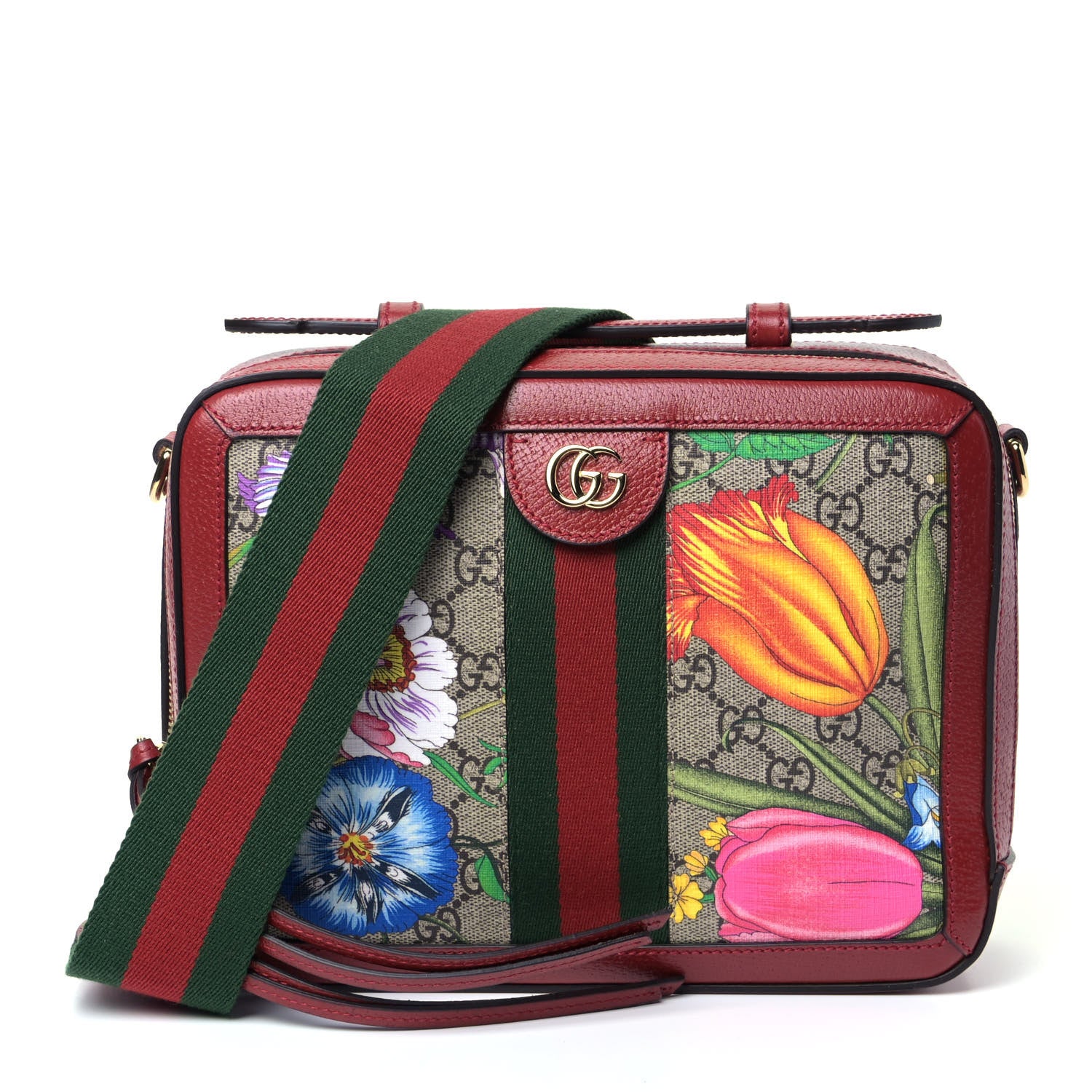 Gucci GG Supreme Monogram Flora Web Small Ophidia Top Handle Shoulder Bag Hibiscus Red 1 of 5