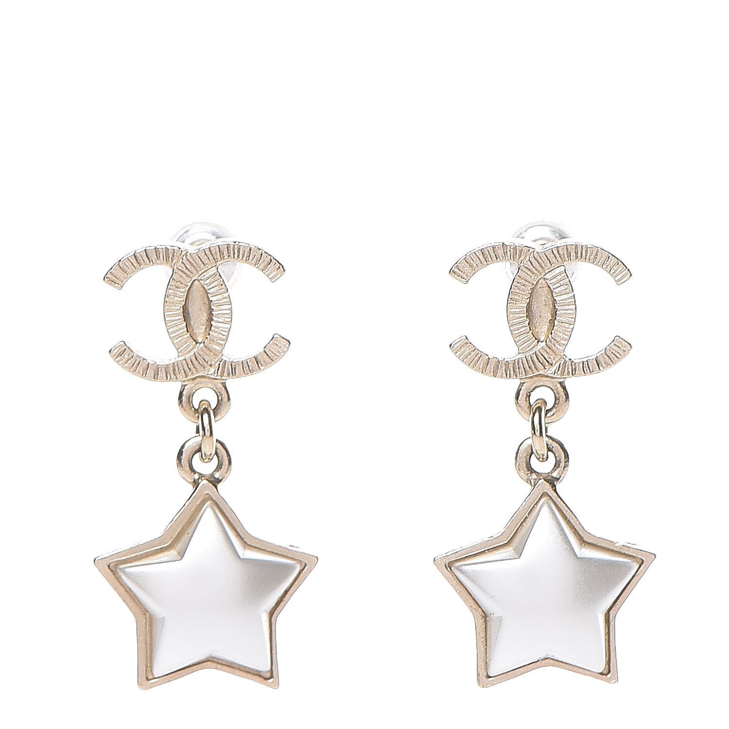 Metal Resin Pearl Star CC Drop Earrings Gold Pearly White
