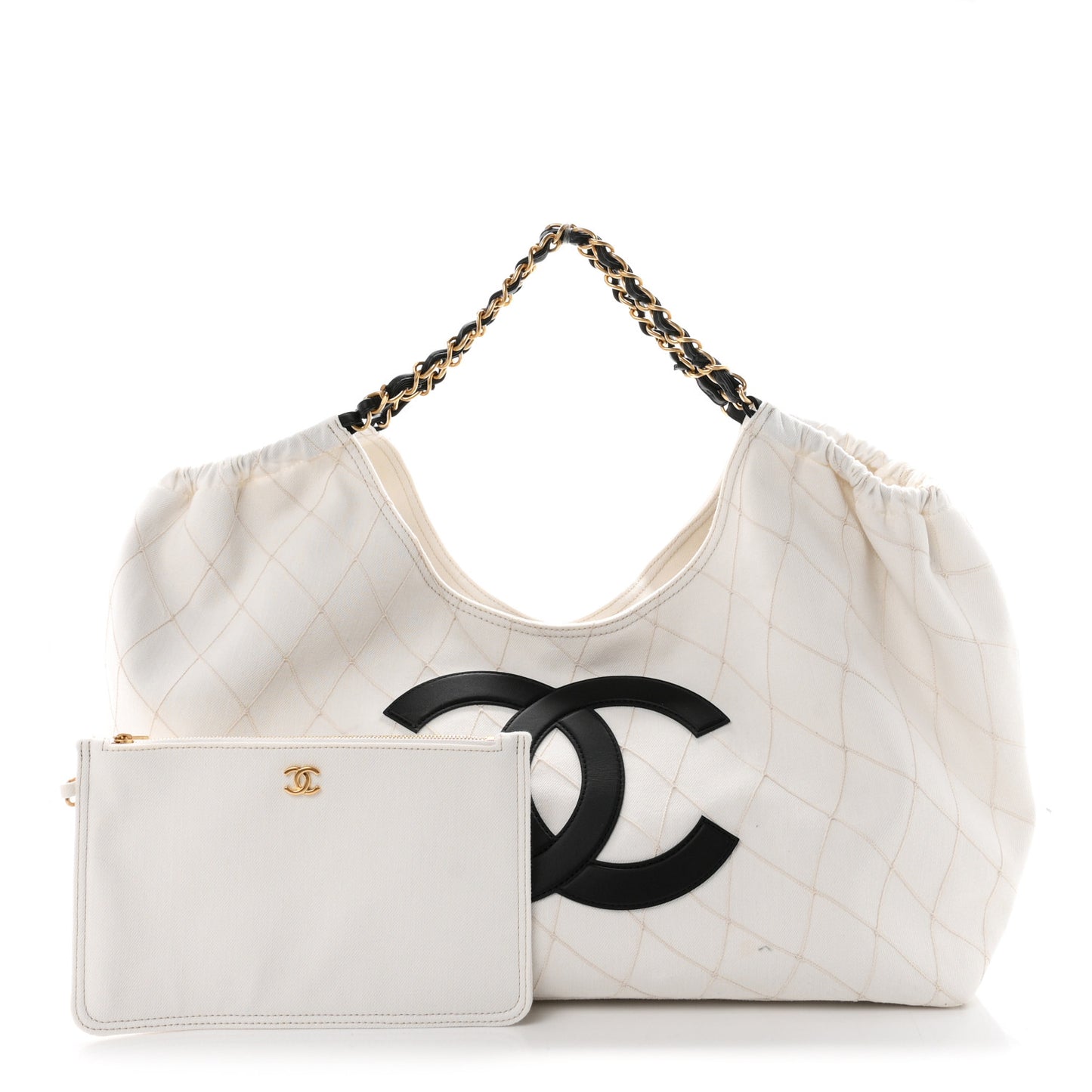 Denim Calfskin Quilted Coco Beach Small Shopping Tote White Black