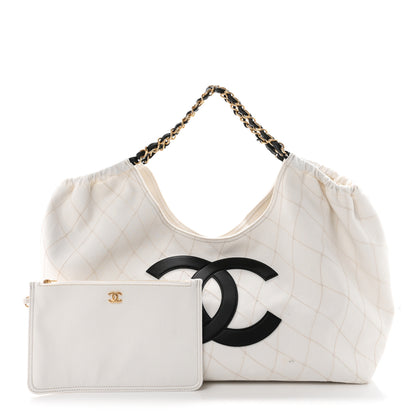 Chanel Denim Calfskin Quilted Coco Beach Small Shopping Tote White Black 3 of 11
