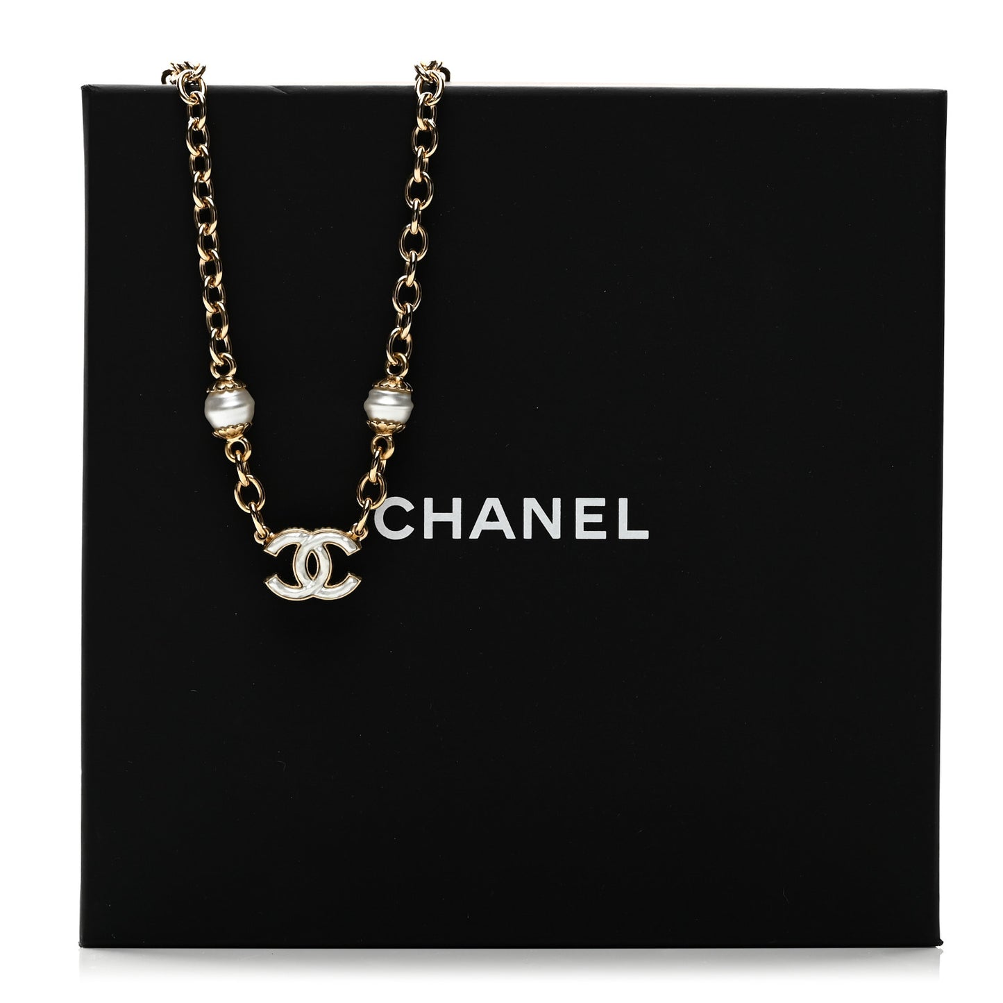 Metal Enamel CC Necklace Gold White