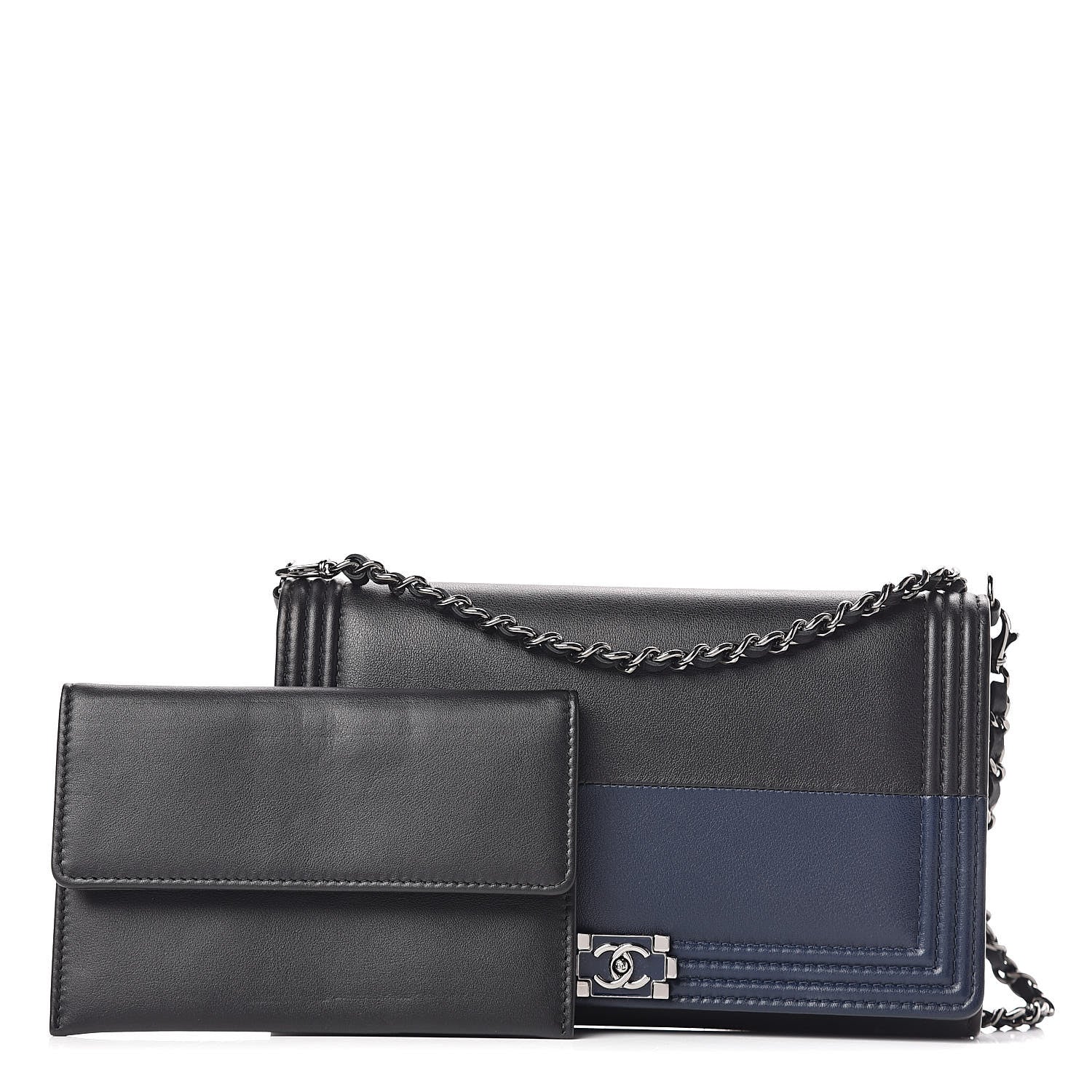 Chanel Lambskin Boy Wallet On Removable Chain WOC Black Navy 1 of 11