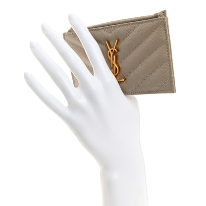 Saint Laurent Grain De Poudre Matelasse Chevron Monogram Fragments Zippered Card Case Sea Salt 2 of 8