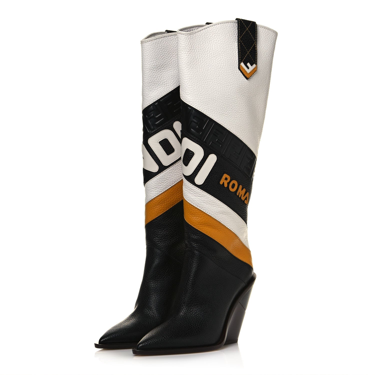 Fendi X FILA Grained Calfskin Mania FF 1974 Embossed Cutwalk Tall Boots 41 Black Zucca White 3 of 7