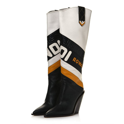 Fendi X FILA Grained Calfskin Mania FF 1974 Embossed Cutwalk Tall Boots 41 Black Zucca White 3 of 7