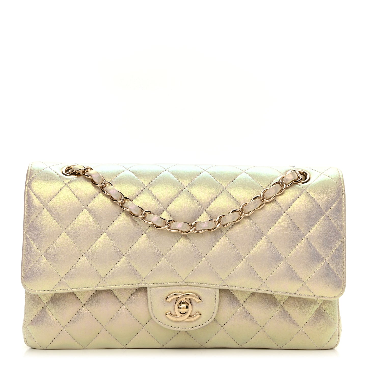 Iridescent Lambskin Quilted Medium Double Flap Ivory