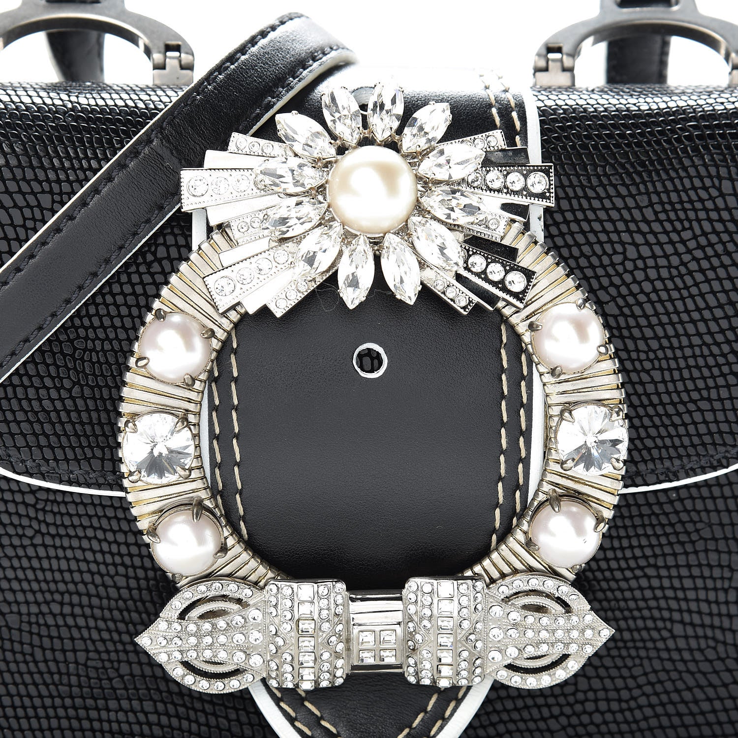 Miu Miu Embossed Lizard Calfskin Crystal Embellished Saint Lucertola Shoulder Bag Black 9 of 12