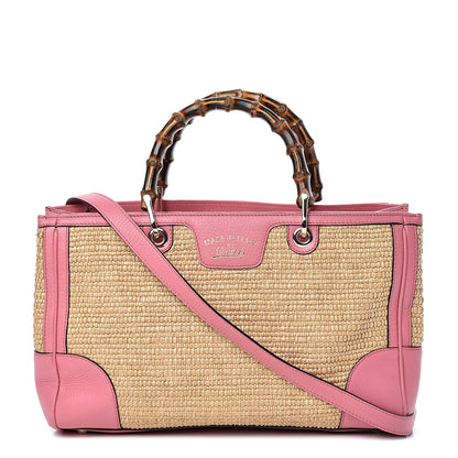 Gucci Calfskin Straw Medium Bamboo Shopper Tote Pink 1 of 10