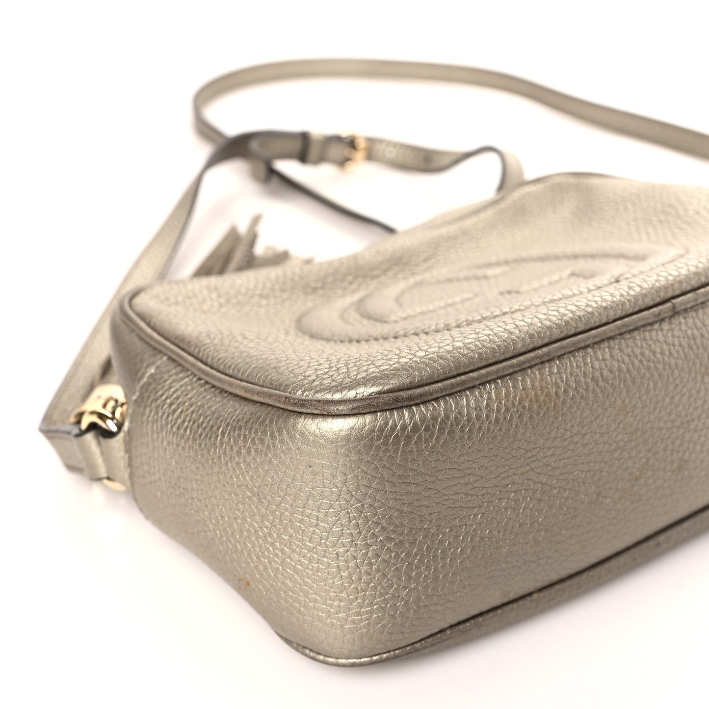 Metallic Pebbled Calfskin Small Soho Disco Bag Golden Beige