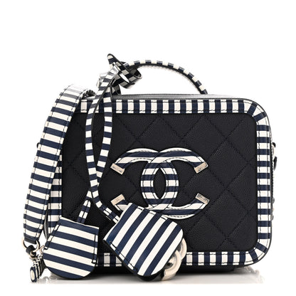 Chanel Caviar Quilted Striped Small CC Filigree Vanity Case Navy White 1 of 12
