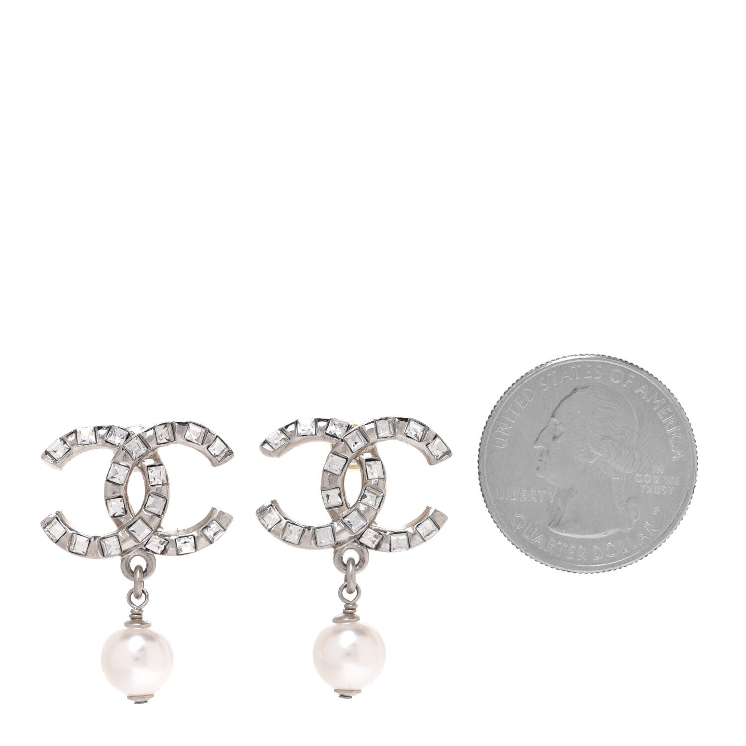 Chanel Baguette Crystal Pearl CC Drop Earrings Silver 2 of 5