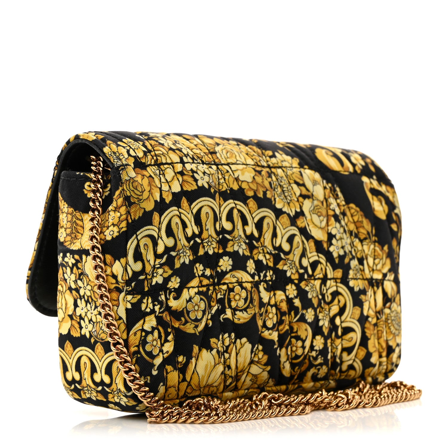 Versace Silk Barocco Printed Quilted Virtus V Mini Chain Flap Shoulder Bag Black Gold 3 of 11