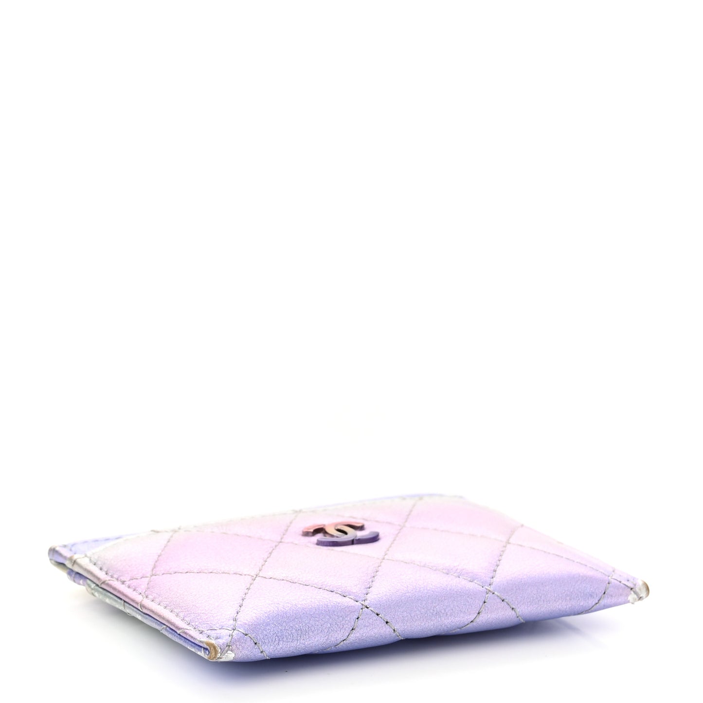 Gradient Metallic Calfskin Quilted Card Holder Silver Blue Yellow Purple