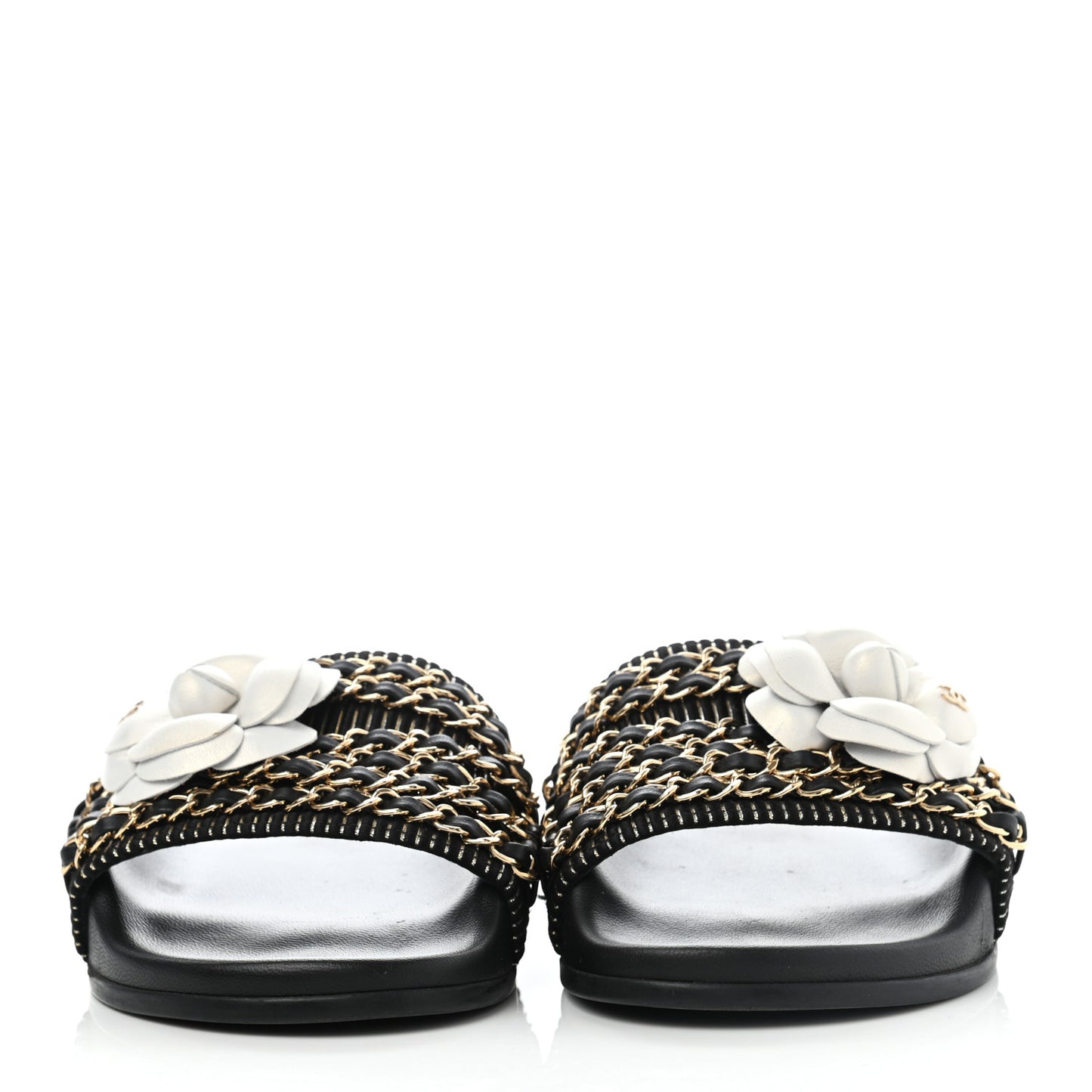 Calfskin Chain Camellia Flat Sandals 36 Black