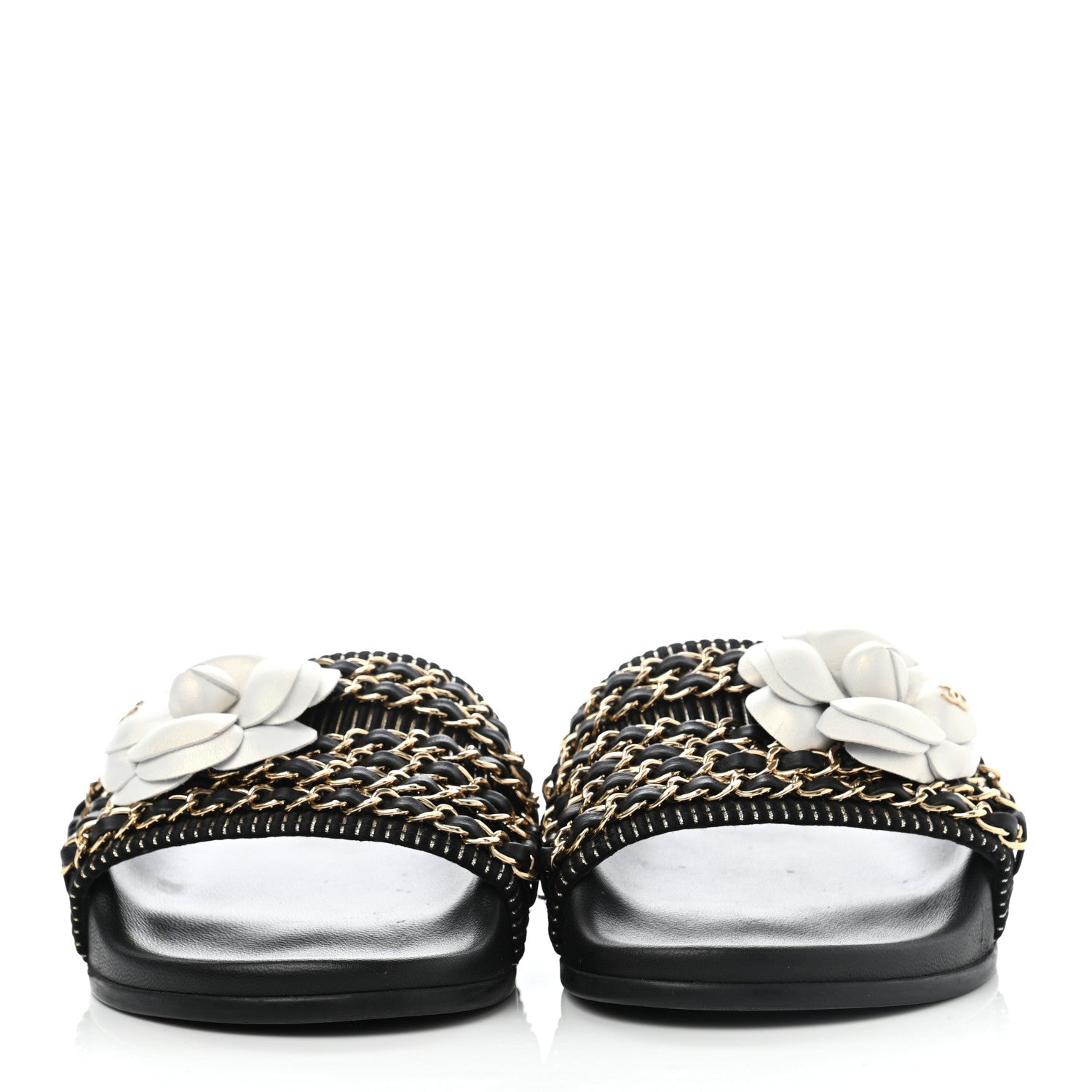 Chanel Calfskin Chain Camellia Flat Sandals 36 Black 2 of 9