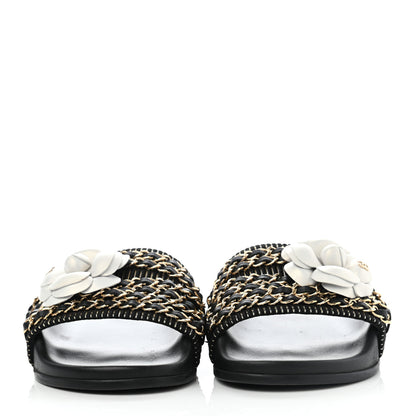 Chanel Calfskin Chain Camellia Flat Sandals 36 Black 2 of 9