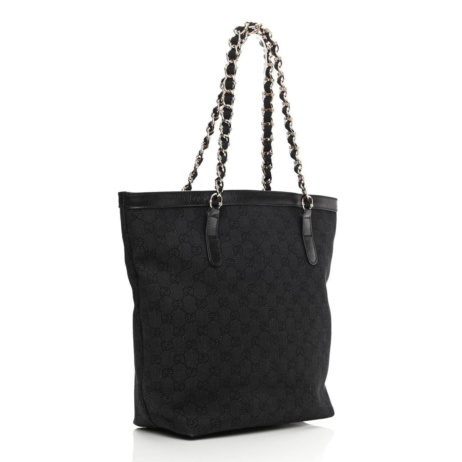 Gucci Denim Monogram Chain Bucket Tote Black 3 of 11