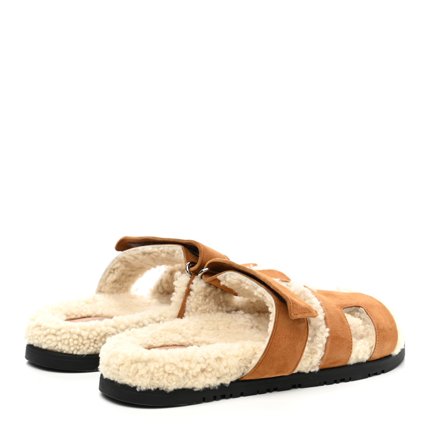 Hermes Suede Goatskin Woolskin Womens Chypre Sandals 37 Brun Fume Ecru 4 of 9