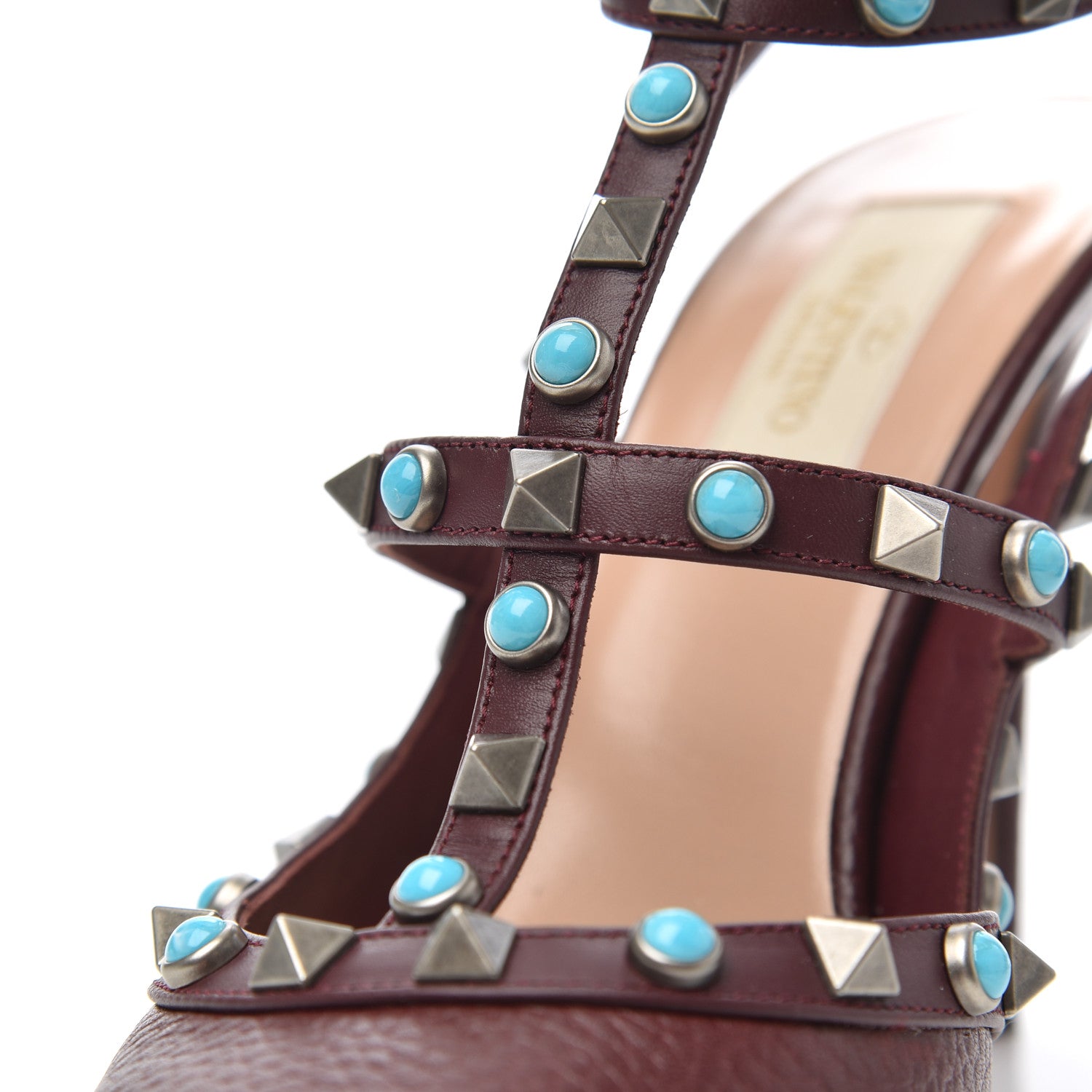 Valentino Garavani Pebbled Calfskin Turquoise Rockstud Rolling Ankle Strap 100mm Pumps 38 Rubin 12 of 20
