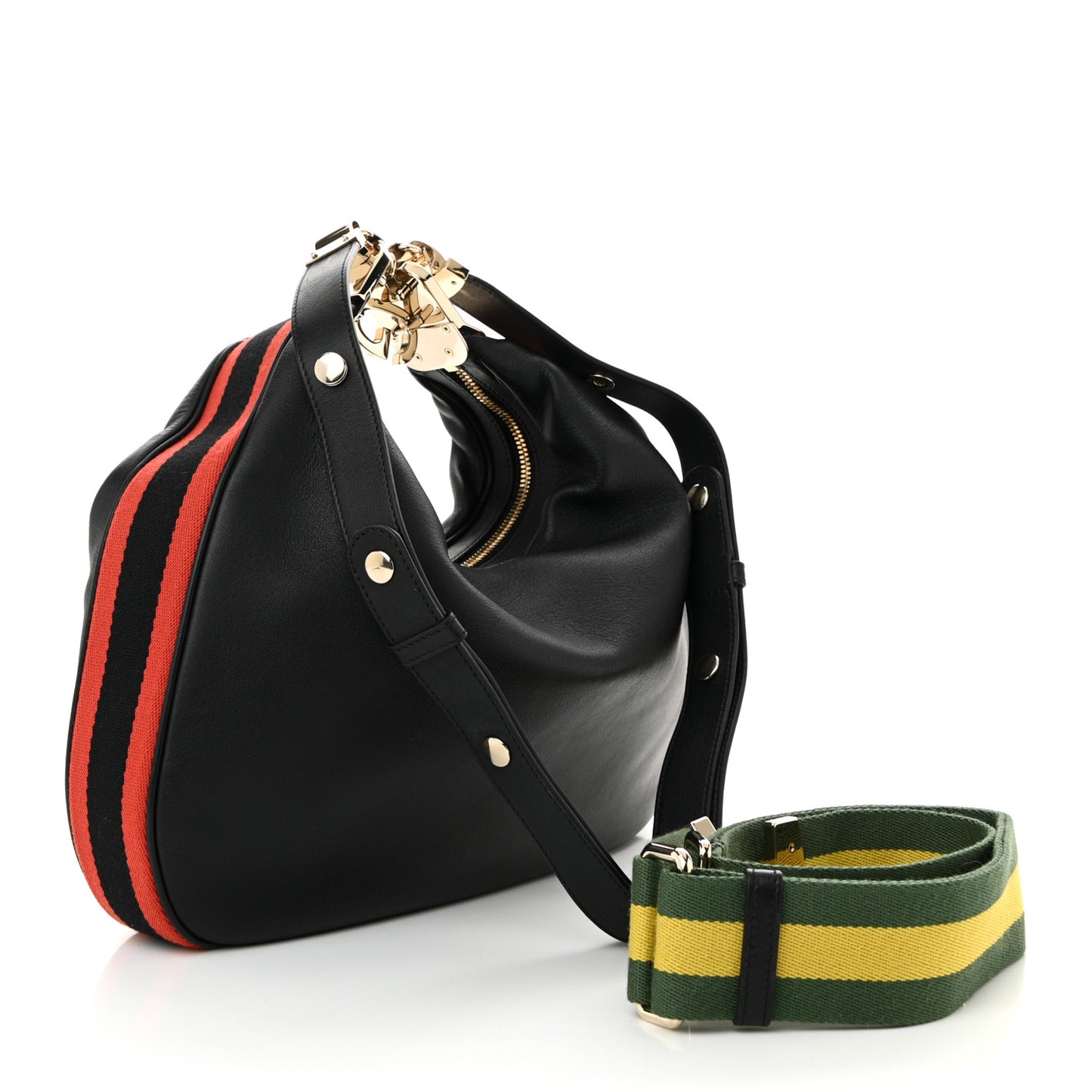 Aria Calfskin Web Large Attache Shoulder Bag Black