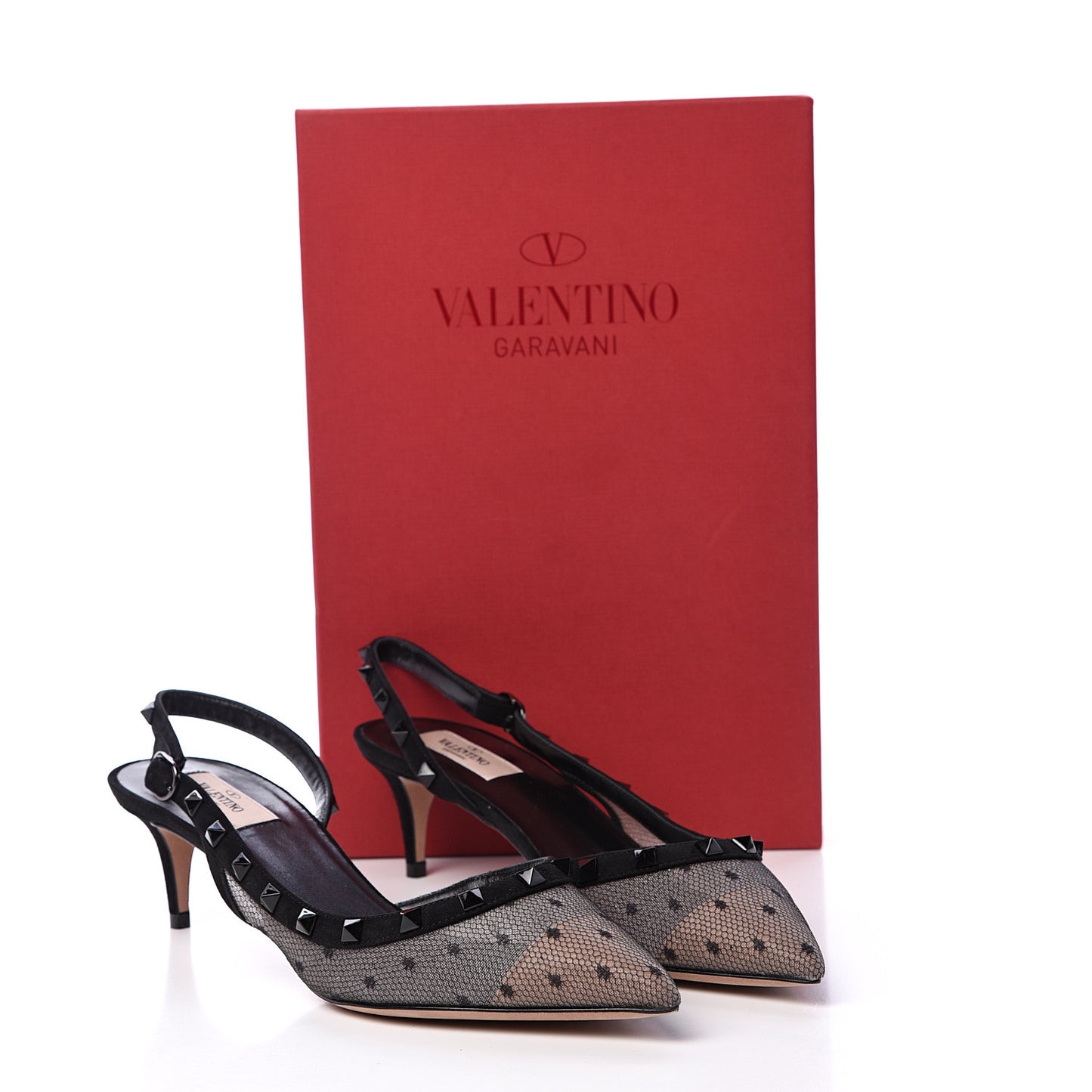 Mesh Point d'Esprit Rockstud Half D'Orsay Slingback 50mm Pumps 41 Black