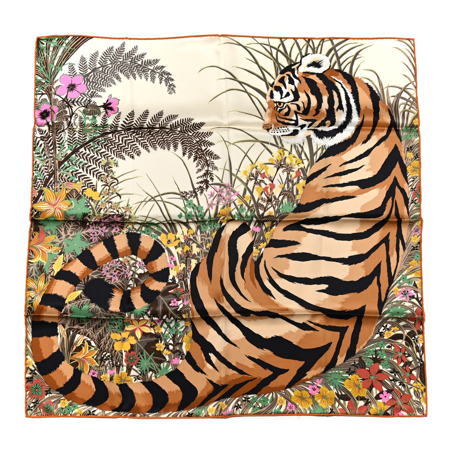 Hermes Silk Tyger Tyger Scarf 70 Beige Dore Orange Cuit Vert 1 of 6