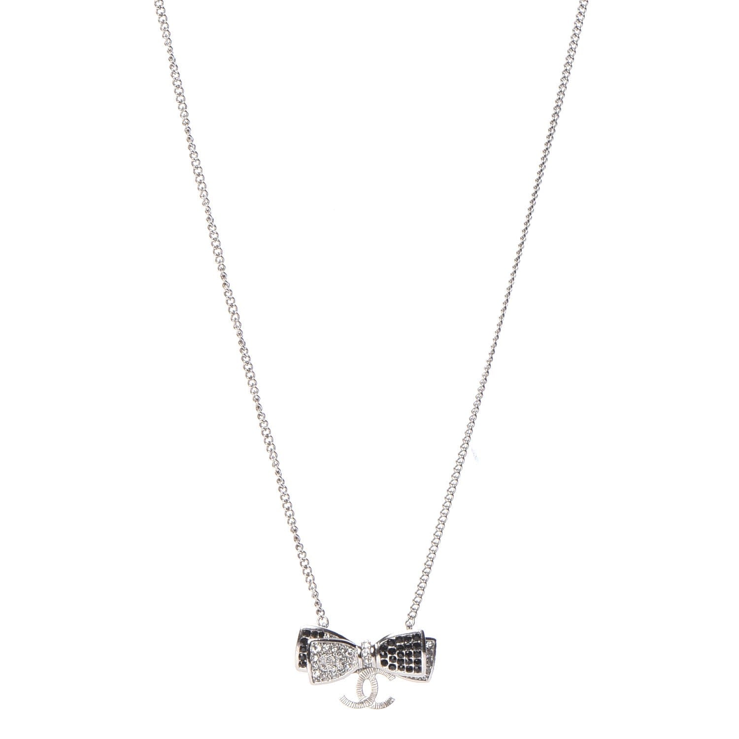 Chanel Crystal CC Bow Necklace Silver Black 1 of 5