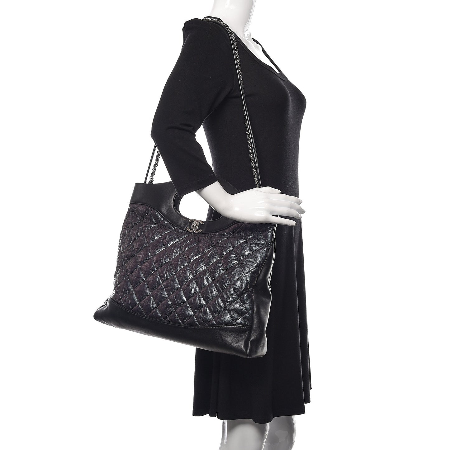 Aged Calfskin Quilted Large 31 Shopping Bag Black