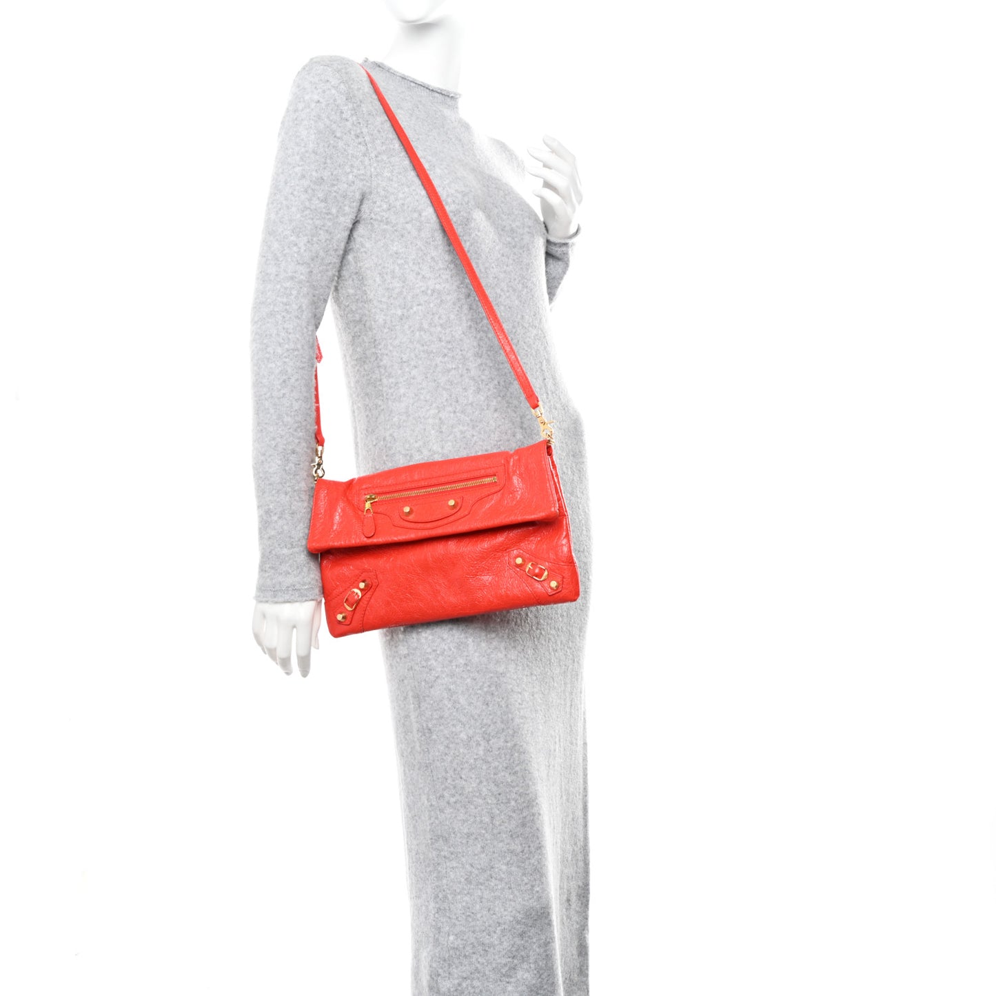 Agneau Giant 12 Gold Hardware Envelope Strap Clutch Rouge Coquelicot