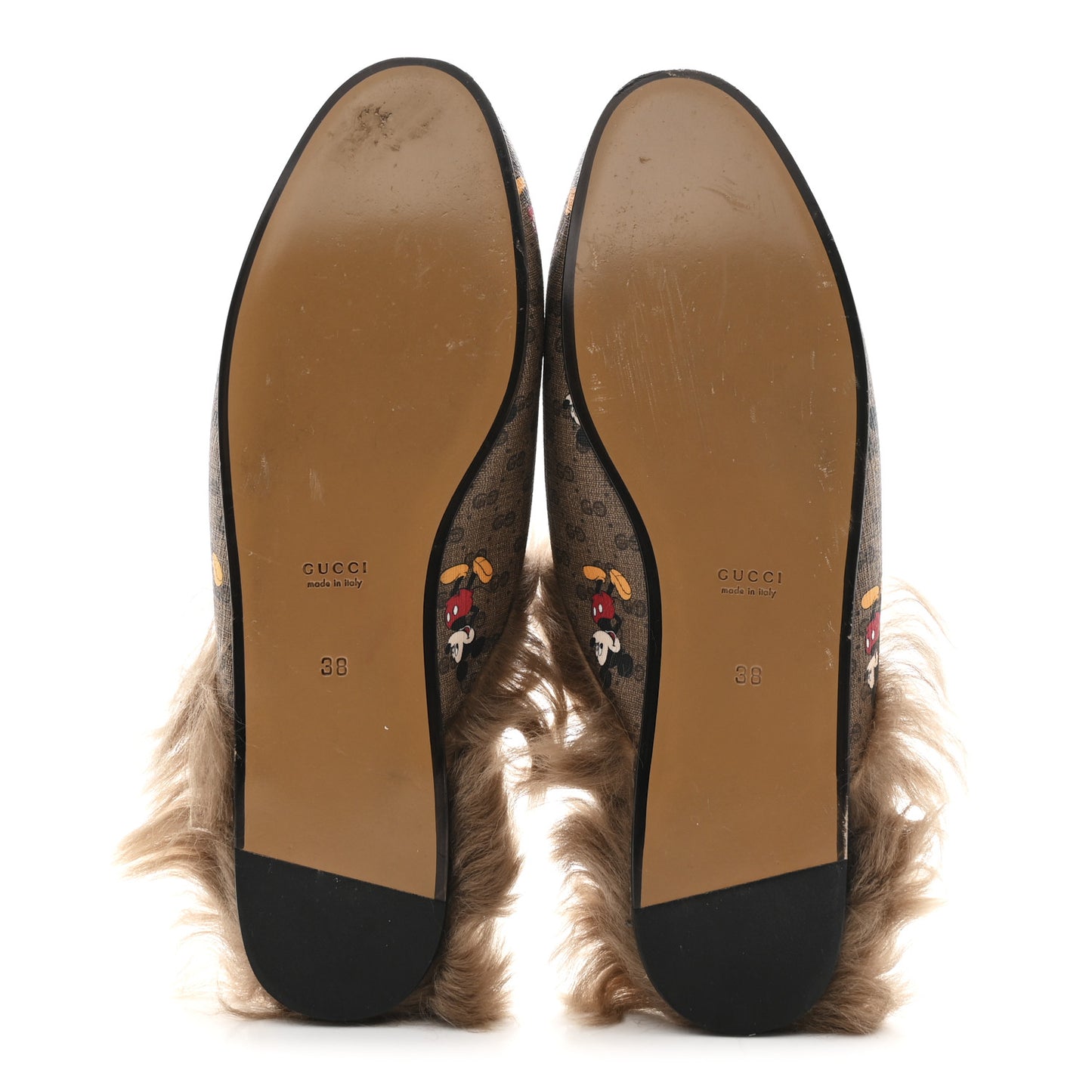 X DISNEY Mini Vintage GG Supreme Monogram Mickey Mouse Fur Womens Princetown Slippers 38 Beige Vintage Sun Oil