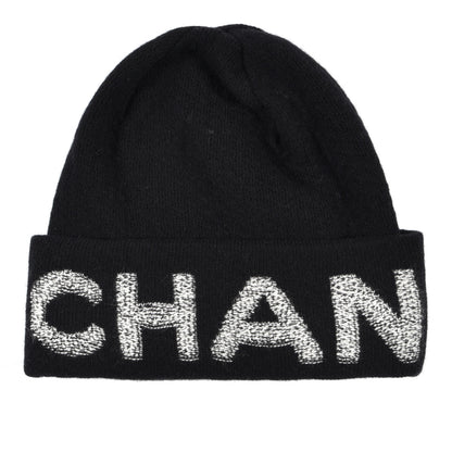Chanel Wool Cashmere Logo Beanie Hat Black Light Grey 1 of 4