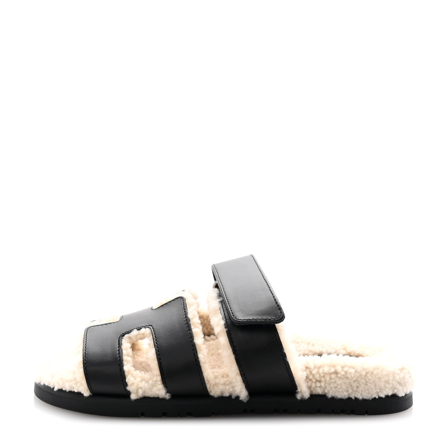 Hermes Calfskin Woolskin Womens Chypre Sandals 36 Black Ecru 1 of 9