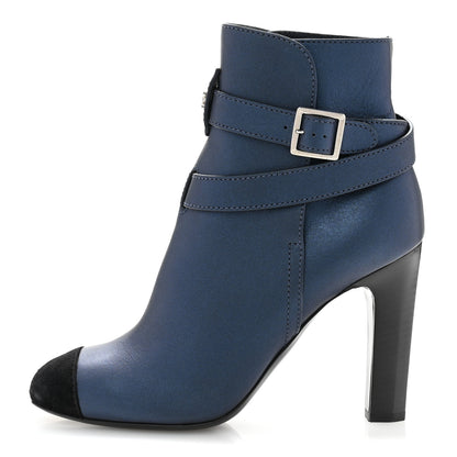 Chanel Calfskin Suede Cap Toe CC Short Boots 40 Navy Black 1 of 9